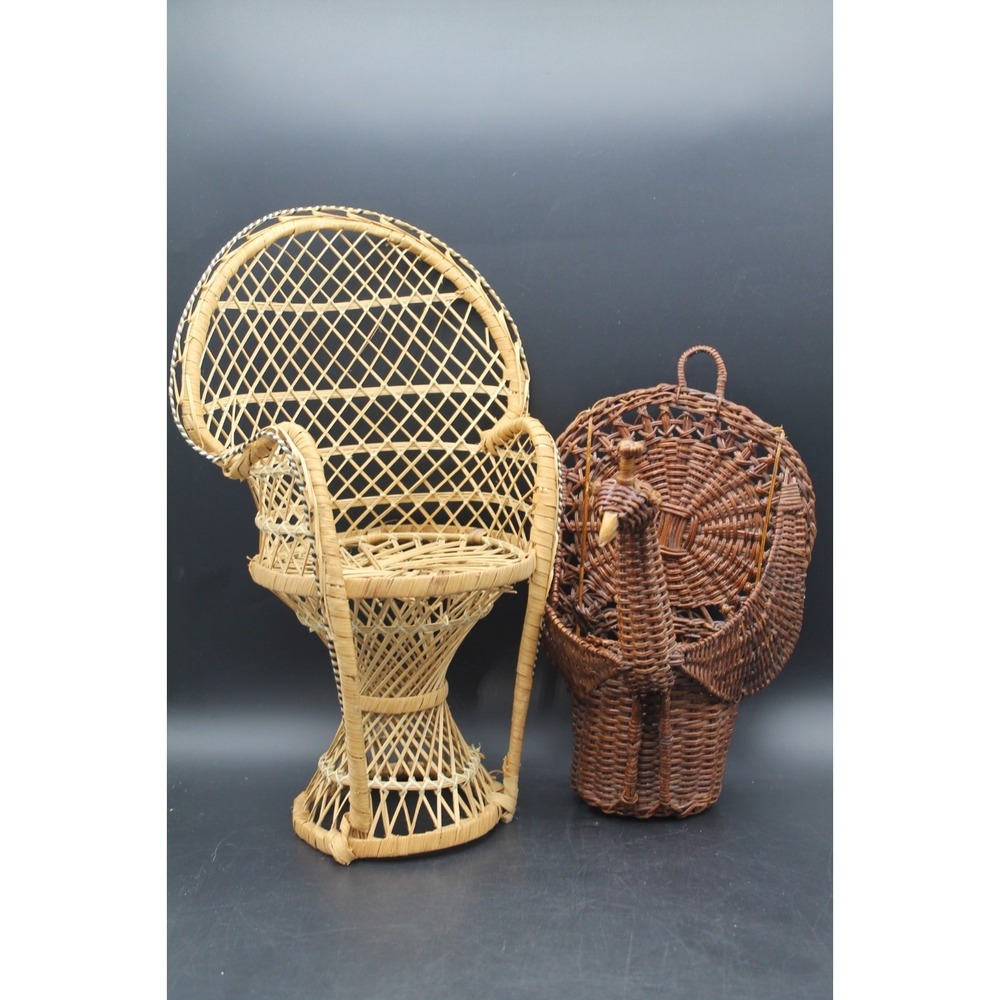 Lot of 2 Vintage Wicker Peacock Decor Chair Wall Basket Hanging Boho Rattan